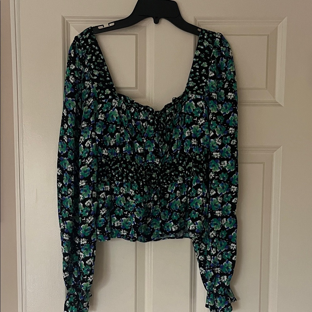 SO Black and Green Floral Blouse